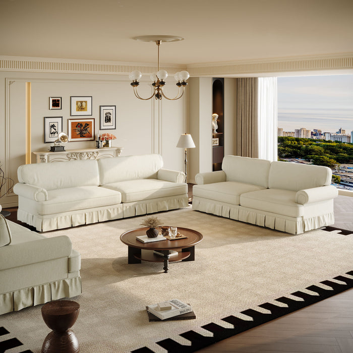 Luxuriously Comfortable Cloud Couch Sofa With Elegant Rolled Arms & Pleated Skirt Design