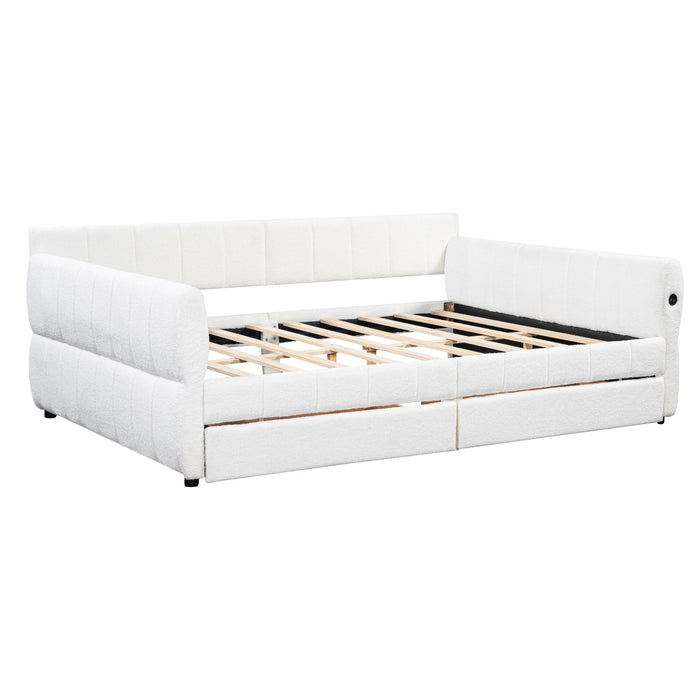 Queen Upholstered Platform Bed With USB Charging And 2 Storage Drawers - White