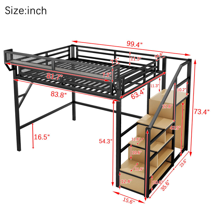 Queen Size Loft Bed & Stairs, Storage Shelves, Wardrobe - Black / Wood