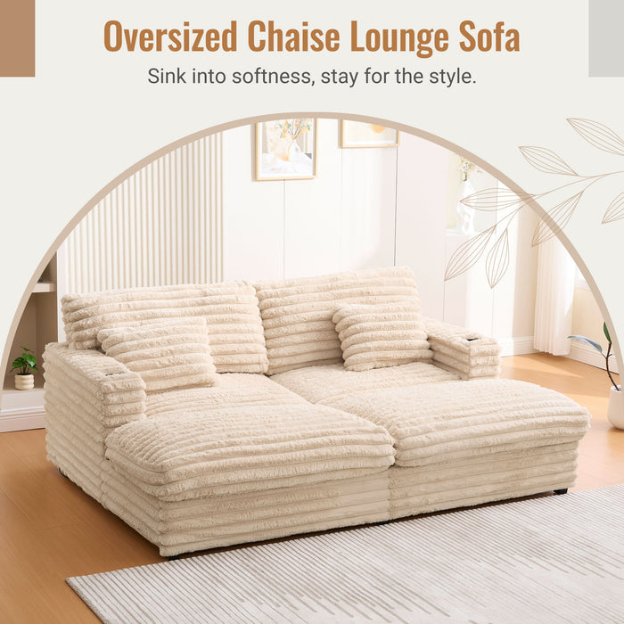 Plush Oversized Double Chaise Lounge Sofa Bed With USB Ports And Cup Holders