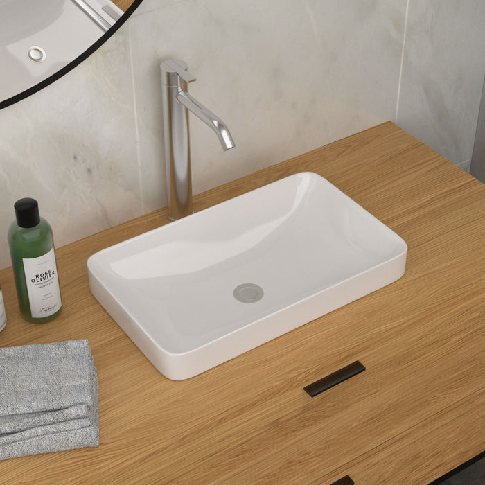 Semi Recessed Bathroom Sink With Countertop Vessel Design, 19" X 12" - White