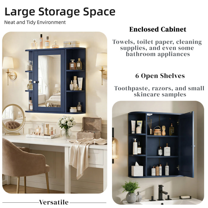 Bathroom Wall Storage Cabinet With Mirror And Adjustable Shelf, 6 Open Shelves