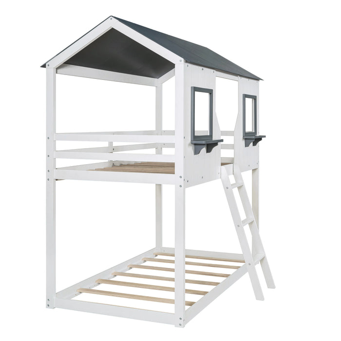 Twin Over Twin Bunk Bed With Roof, Window, Guardrail, Ladder