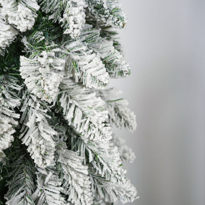 Slim Snow Flocked Pre Lit Pencil Christmas Tree, 3.9Ft / 5.9Ft / 7.9Ft With 750 Branch Tips, 480 LED Lights, Warm Glow, For Indoor Holiday Decor - White