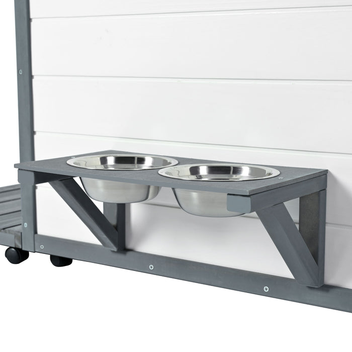 Modern Design Outdoor Dog House With Food Bowl And Wheels Pine - Gray / White