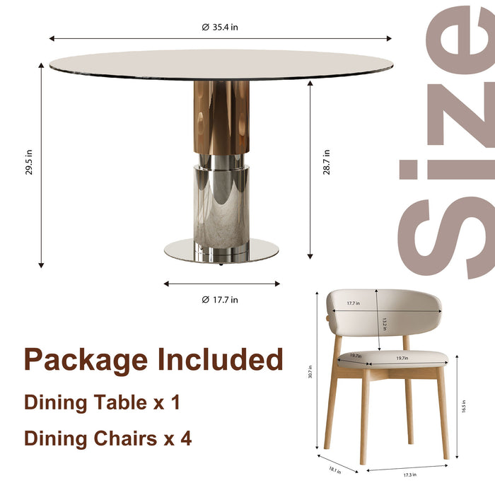 Round Glass Dining Table With Stainless Steel Legs And Chairs