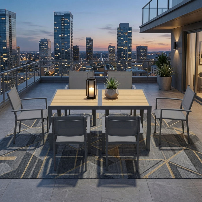 7 Piece Gray Patio Dining Set With Hdps Table And Textilene Chairs For Outdoor Use, Metal Furniture