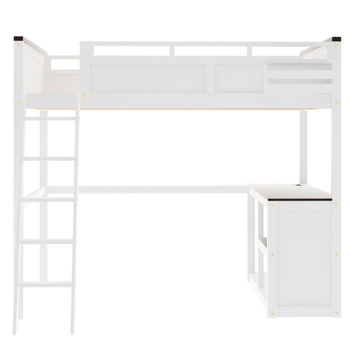 Queen Size Loft Bed With Desk, Open Shelf, Storage Box And USB Charging Station - White