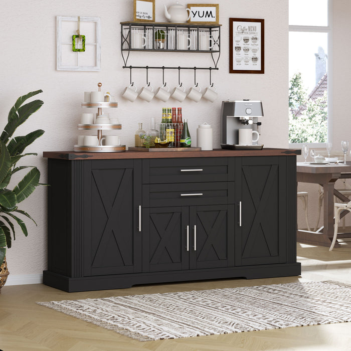 Barn Door Storage Cabinet With 2 Drawers & Door Rack, Adjustable Shelves