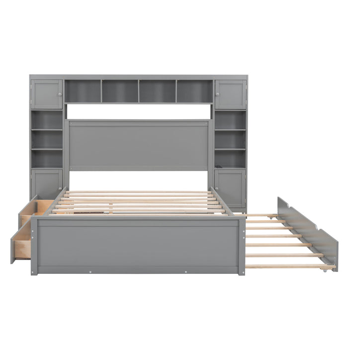 Bed With All In One Cabinet, Shelf And Sockets, Twin Long Trundle