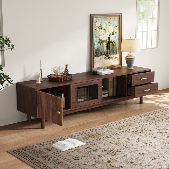 TV Stand With Sliding Doors And 2 Drawers For Living Room - Dark Brown