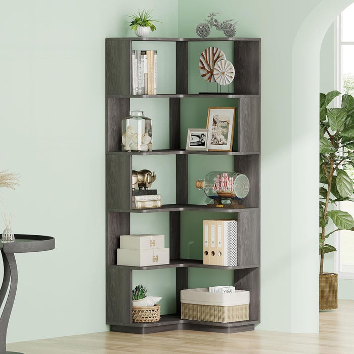 6 Tier Corner Bookshelf, L-Shaped Freestanding Shelf With Anti Drop Panels