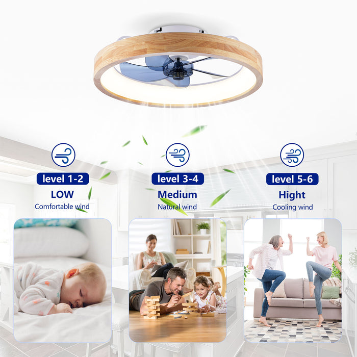 Ceiling Fans With Lights And Remote, 3000 - 6500K Dimmable Flush Mount LED Fan Light, 6 Speeds, Quiet DC Motor For Living Room - Matte White / Natural Wood