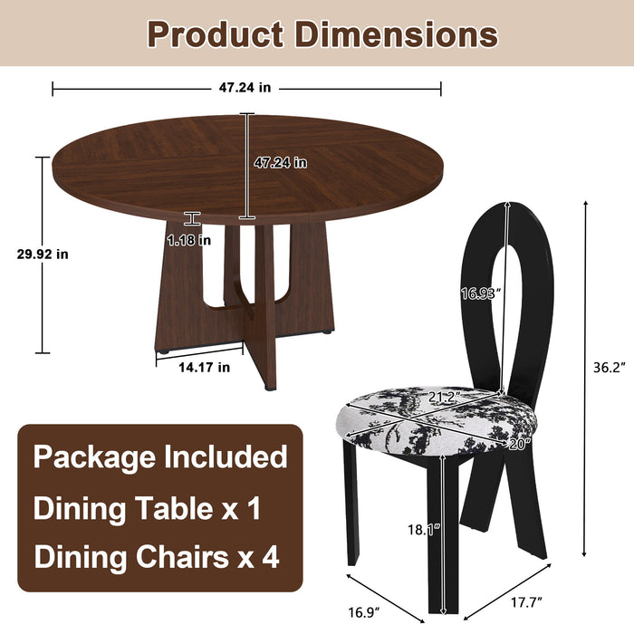 Round Dining Table For 4 With 4 Upholstered Chairs - Walnut / Black