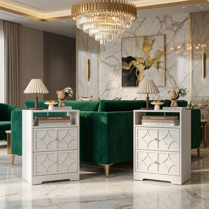 Nightstand With Diamond Carvings Handles, 2 Drawers & Charging Station