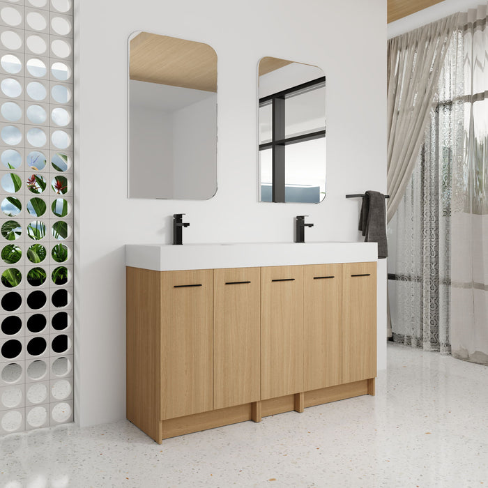 Double Sink Bathroom Vanity With Extra Large Storage, Integrated Sink, Freestanding Cabinet, Soft Close Doors - Glossy White / Light Oak