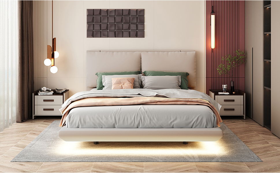 Upholstered Platform Bed With Sensor Light And 2 Large Backrests, With 2 Sets Of USB Port And Socket On Each Rear Bed Leg