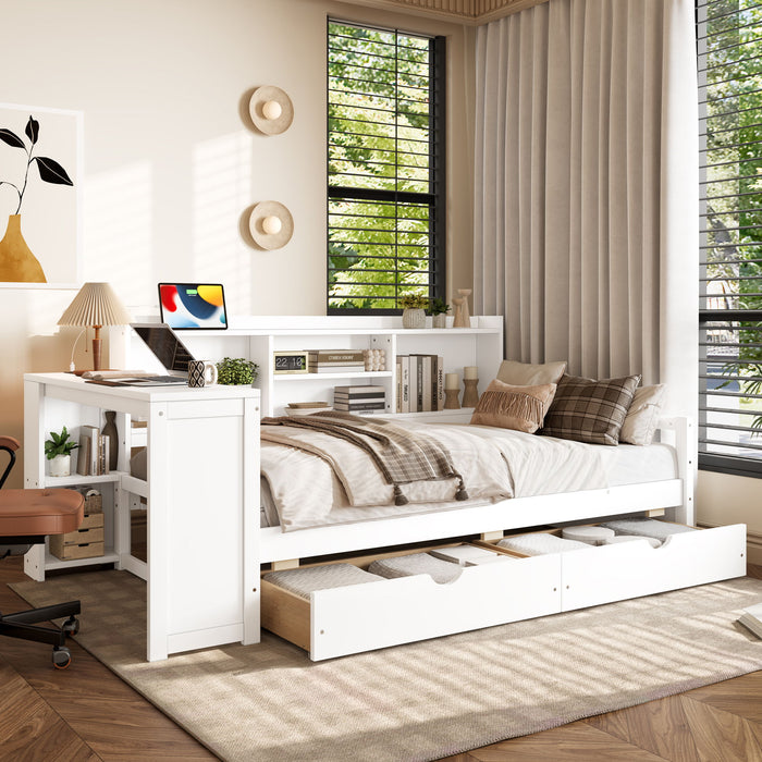 Corner Daybed With Storage Drawers, Desk, Charging Port & Bookcase