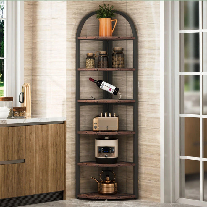 Tall 6 Tier Corner Shelf, Freestanding Bookshelf For Living Room - Rustic Brown