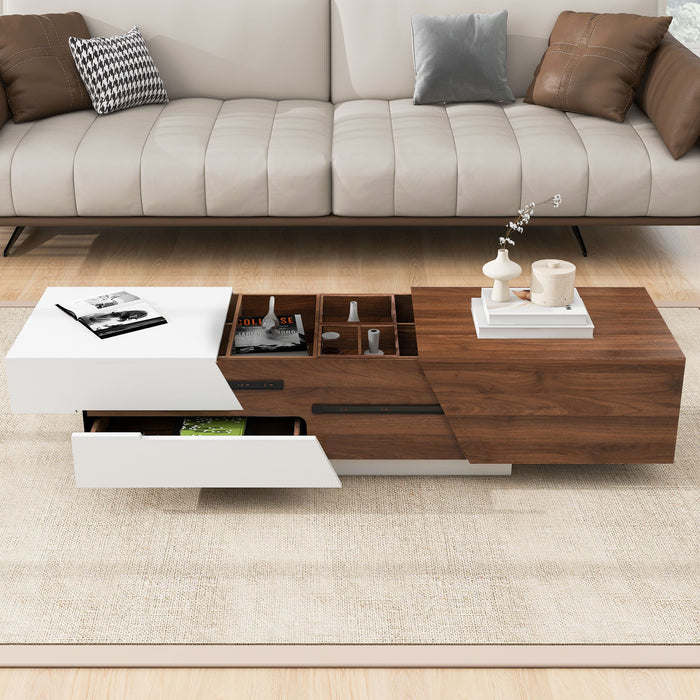 Extendable Sliding Top Coffee Table With Storage, Rectangle Shape - White / Walnut