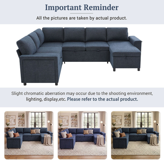 U - Shaped Convertible Sectional Sofa Bed With Storage, USB Charger & Cup Holders