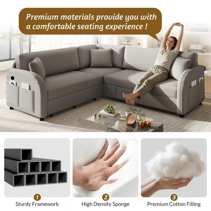 L-Shaped Couch With Pull-Out Bed, Oversize Convertible Sleeper Sofa With Side Pocket & USB Port