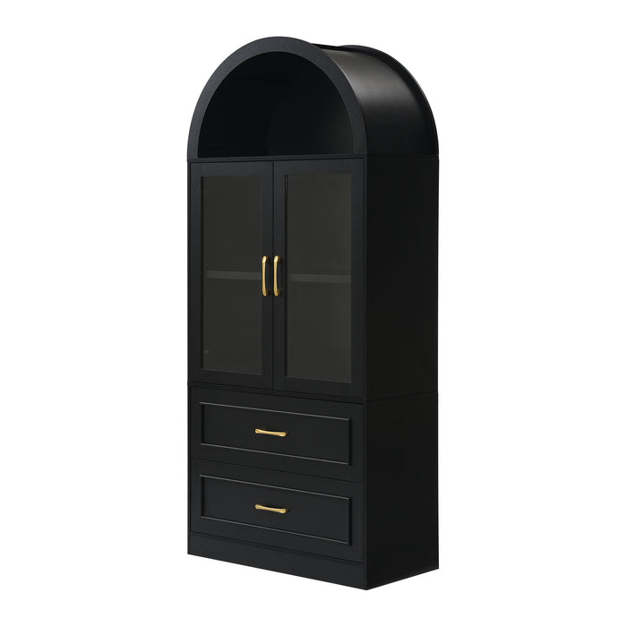 Arched Top Storage Cabinet With Fixed 2 Tier Shelves, 2 Large Drawers