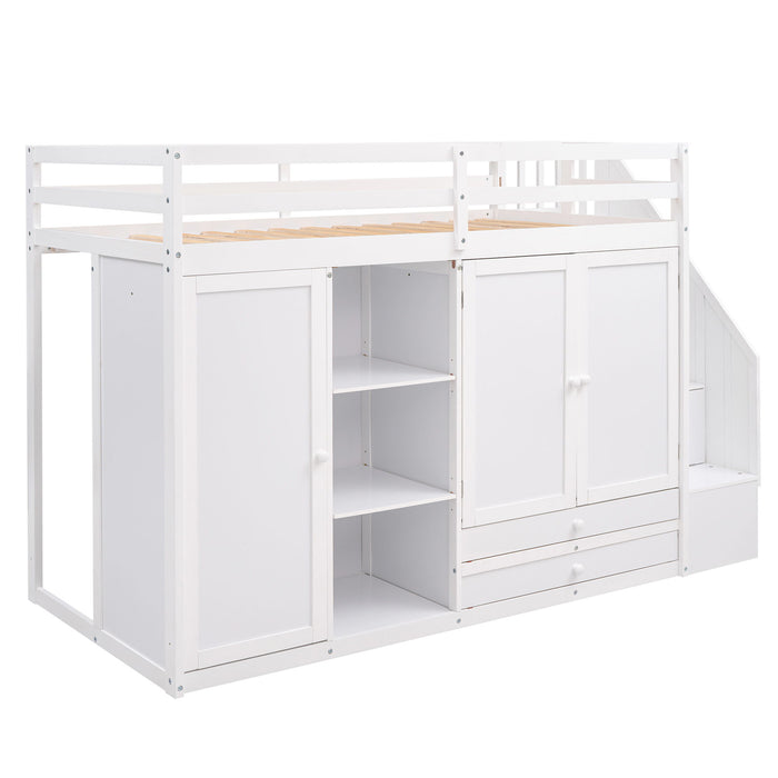 Loft Bed With 3 Shelves, 2 Wardrobes, 2 Drawers, Ladder Storage