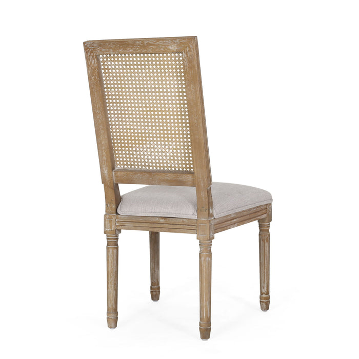 French Country Dining Chair With Rectangular Cane Backrest And Smooth Upholstered Seating