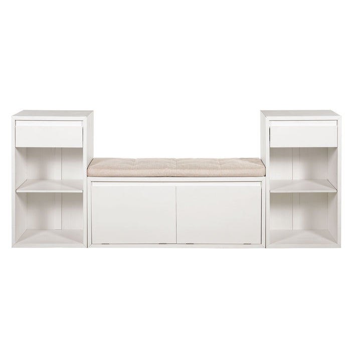Entryway Storage Bench With Cushion, Drawers & Open Shelves