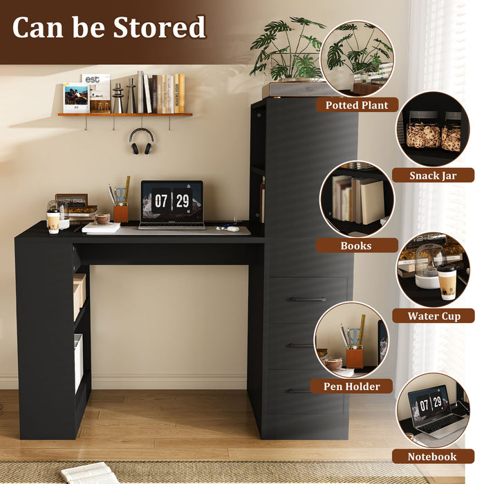 Computer Desk With 4 In 1 Socket & 3 Drawers, 4 Tier Shelves