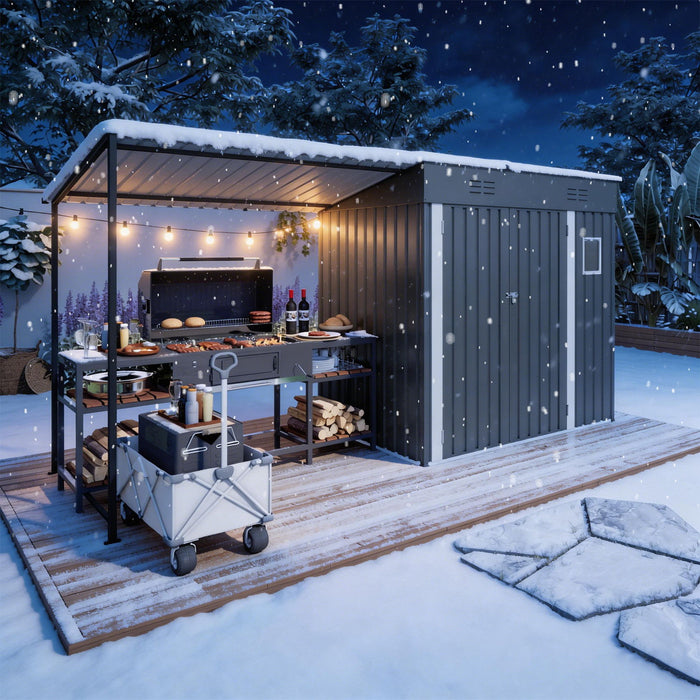Lean To Shed With Open Sided Pergola, Outdoor Storage Shed & Attached Hardtop Gazebo Combo - Gray