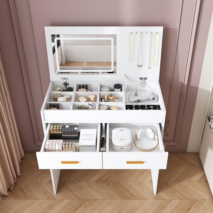 Flip Top Vanity Desk With LED Mirror & Outlet Makeup Table With 2 Drawers, Open Storage, And Jewelry Hooks - White