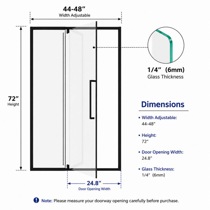 Semi-Frameless Pivot Hinged Shower Door, Reversible Design