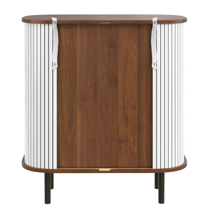 Fluted Wine Bar Cabinet With 8 Grid Wine Rack, 5 Level Adjustable Shelves, 2 Glass Holders