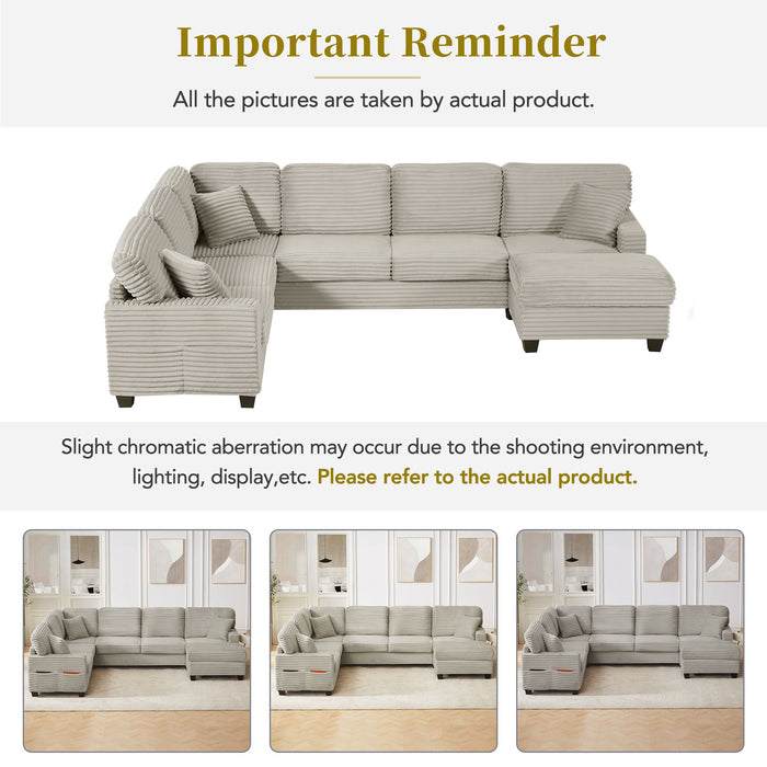 Upholstered U-Shaped Sectional Sofa With Movable Ottoman And Side Storage Pockets
