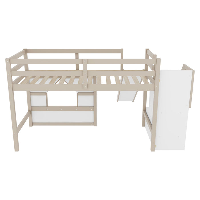 Loft Bed With Storage Stairs, Slide, Playhouse Window And 7 Colors LED Lights