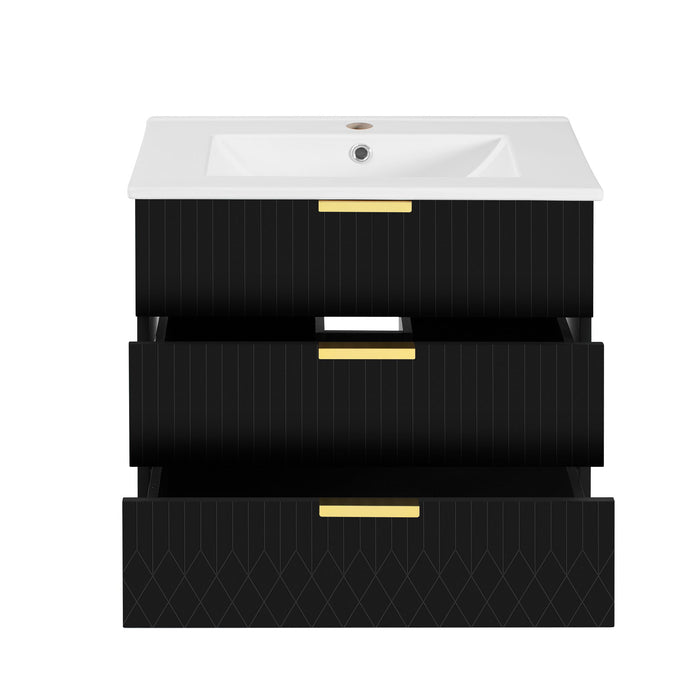 Wall Mounted Floating Cabinet With Double Drawer, Rectangular Sink, Bathroom Vanity With Single Faucet Hole And Overflow - Black