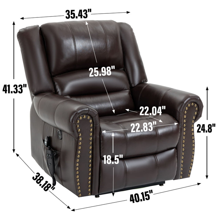 Power Lift Recliner Chair Heat Massage Dual Motor Infinite Position With USB Ports - Antique Brown