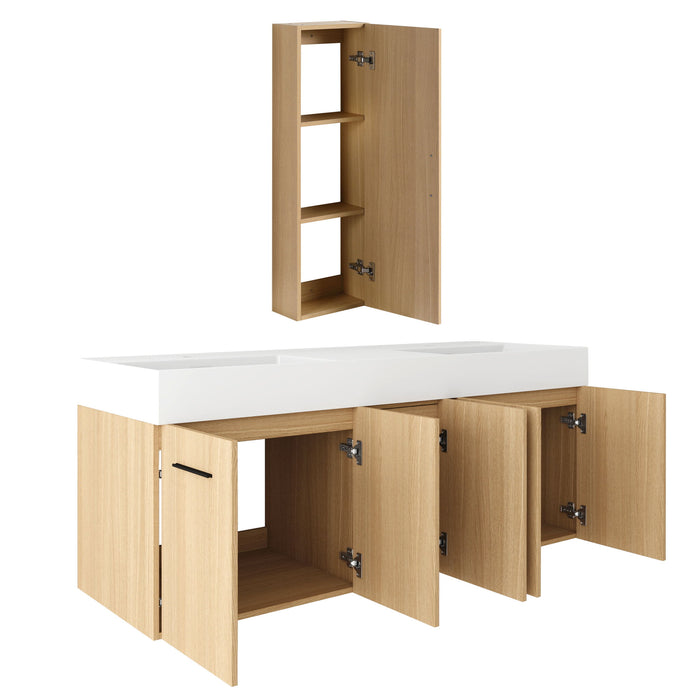 Floating Double Sink Bathroom Vanity Set With Tall Linen Cabinet, Extra Large Storage, Integrated Sink, Soft Close Doors - Glossy White / Light Oak