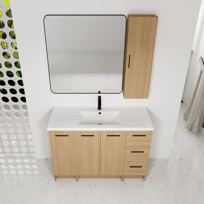 Freestanding Bathroom Vanity Set With Tall Side Cabinet, 3 Drawers And 3 Door Cabinet, Integrated Sink, Large Storage - Glossy White / Light Oak
