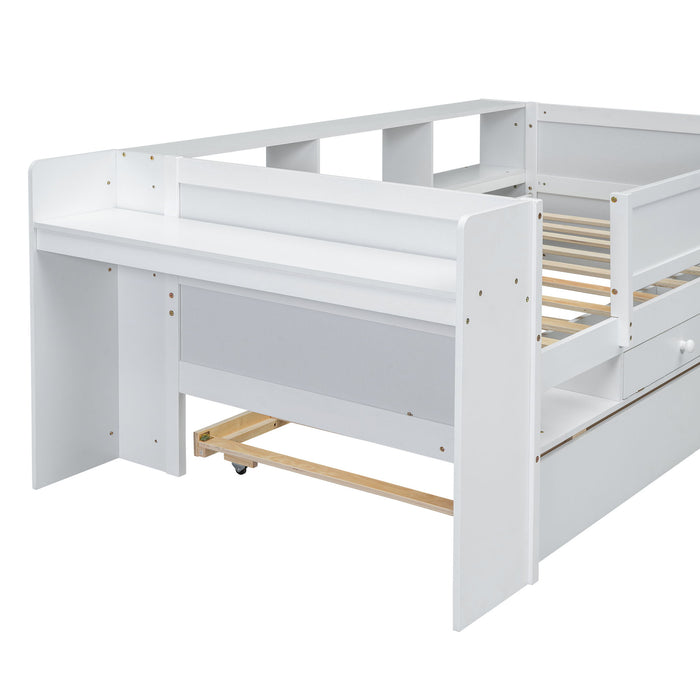 Twin Daybed With Drawers, Trundle, Headboard Storage, Study Desk, And USB Charging Station - White
