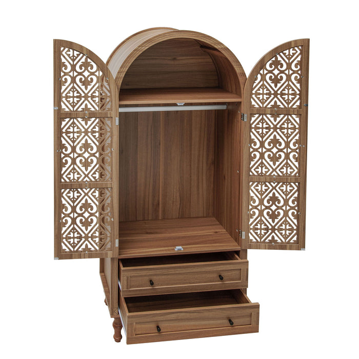 Tall Kitchen Pantry Cabinet With Hollow Carved Doors 2 Drawers And Adjustable Shelves Storage Display Cabinet For Kitchen Dining Room Or Living Room - Walnut