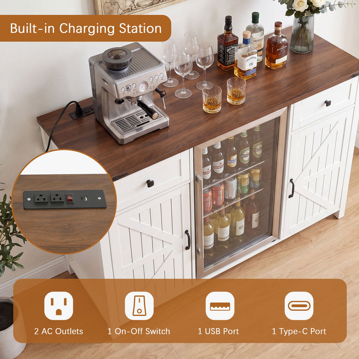 Coffee Bar With Mini Fridge Space & Built In Charging Station, Large Bar Cabinet With Drawers & Adjustable Shelves For Kitchen - White