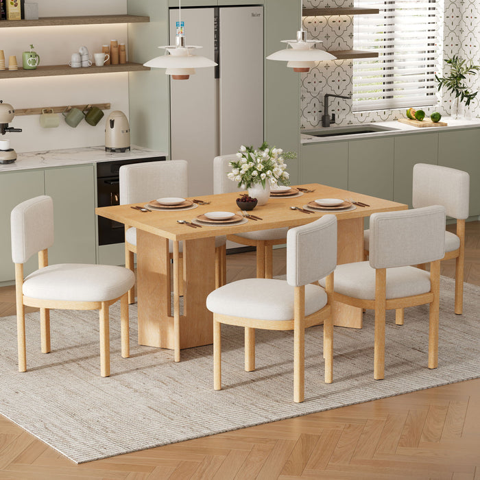 Dining Table Set With 6 Upholstered Chairs, Rectangular Table With Cutout Legs