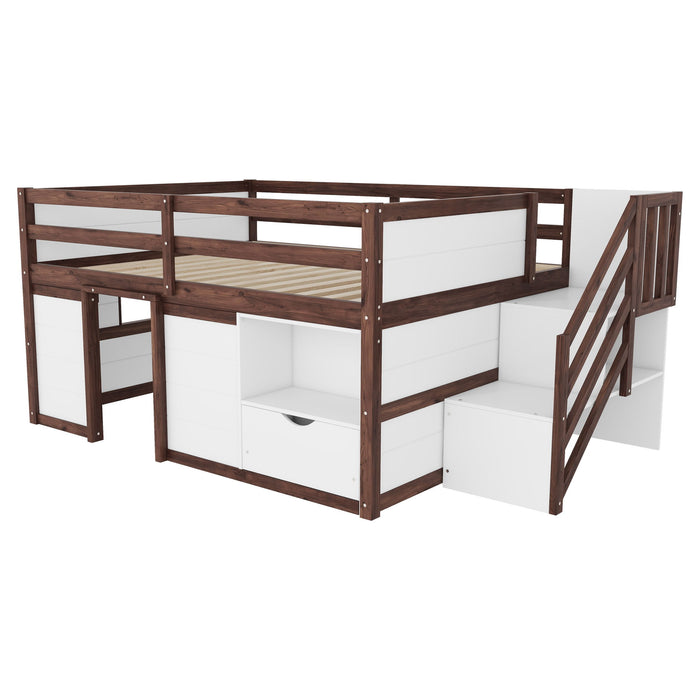 Low Loft Bed Frame With Built In Stairs, Storage Drawer, Shelf And 7 Color LED Light