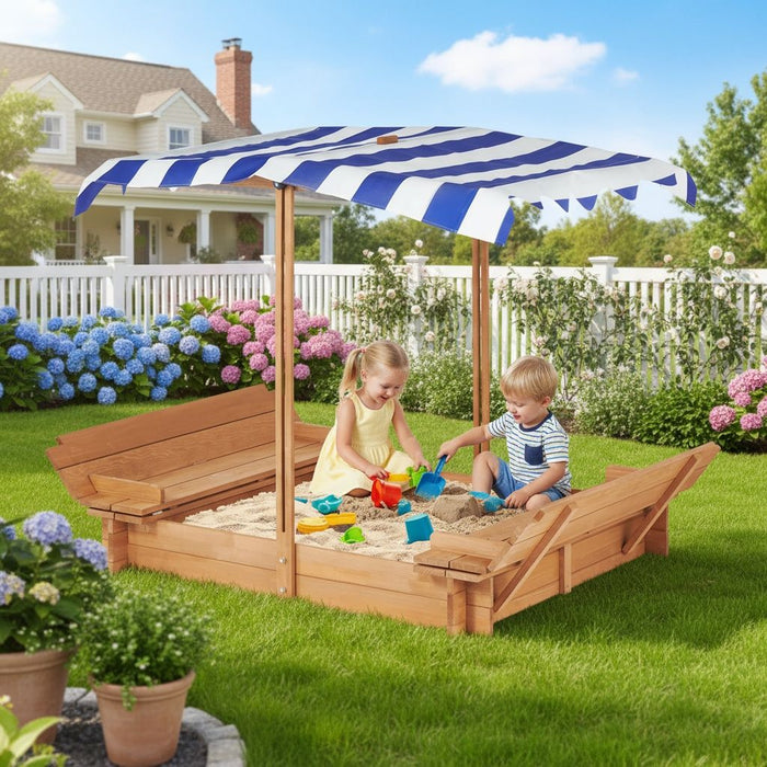 Kids Sandbox With Adjustable Cover, Sand Box With 2 Foldable Bench Seats, Outdoor Sandpit For Backyard Play - Light Brown