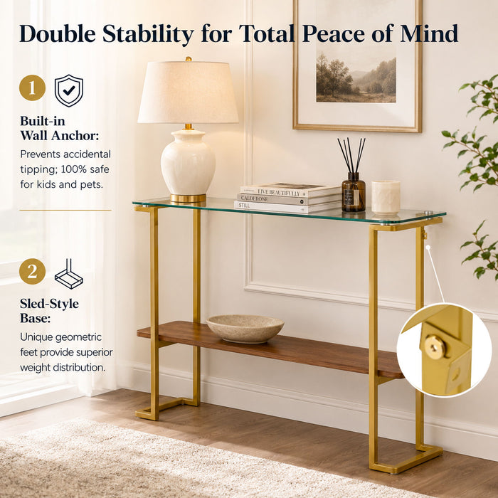 Console Table With Shelf, 2 Tier Living Room - Gold / Walnut