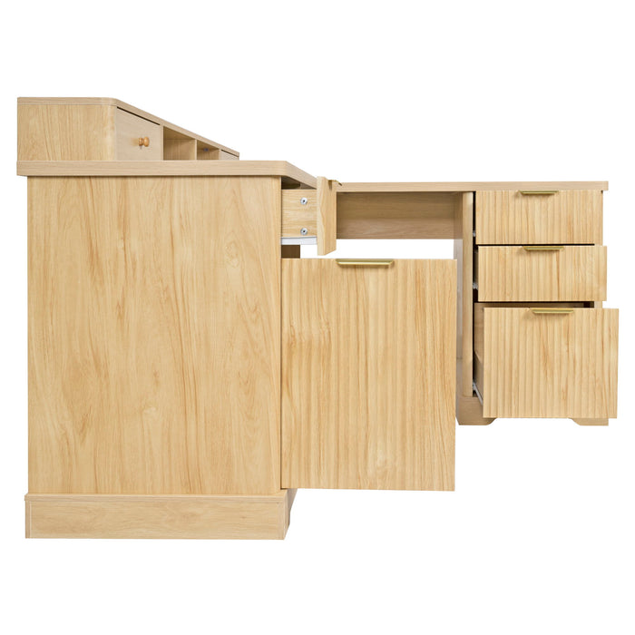 Fluted L-Shaped Desk With Charging Station & Storage Cabinet