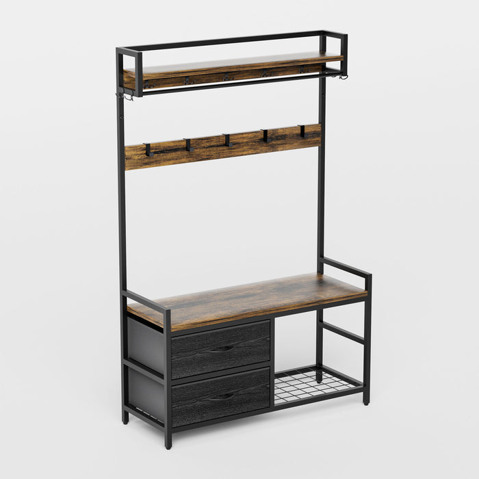 Hall Tree With 2 Movable Drawers, Shoe Storage, Shelves, Garment Racks, And 23 Hooks For Entryway - Rustic Brown